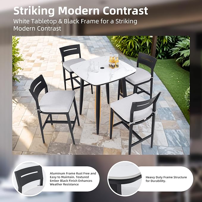 Modern 35.4'' Rounded Square Outdoor Bar Table, Greek White Marble-Inspired - Image 4