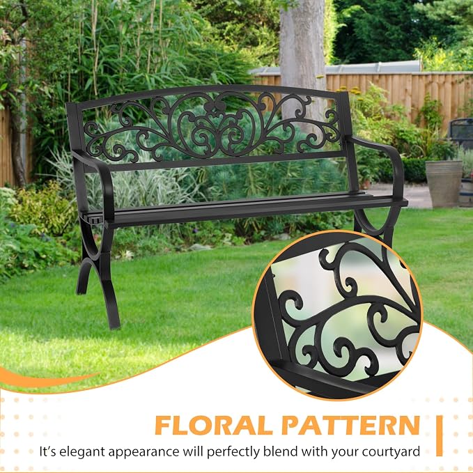 PayLessHere Black Outdoor Metal Loveseat Chairs Patio Garden Bench 50-inch - Image 3