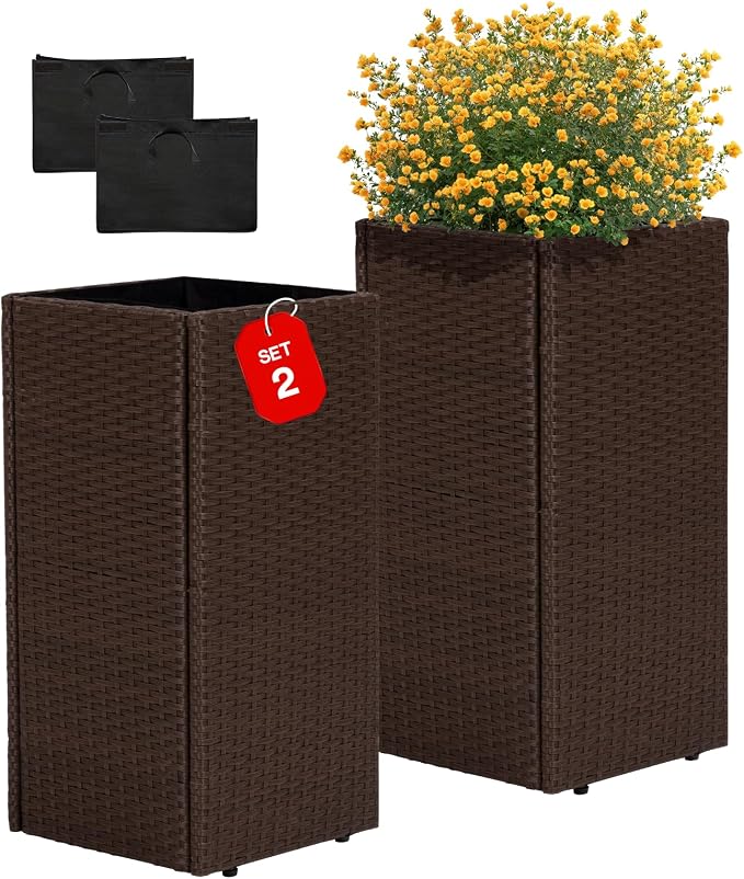 IDZO All-Weather Wicker Planters, 24 in Tall Wicker Planters, Self-Watering by Idzo