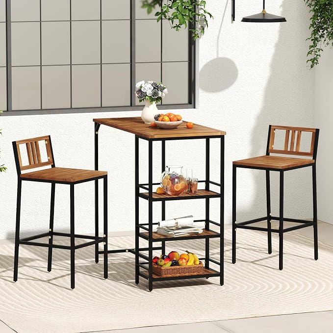 Tangkula Outdoor Wood Bar Set, 3 Pieces Patio Bar Height Table & Chair Set w/ - Image 2