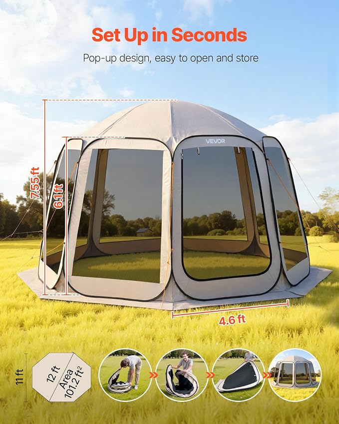 VEVOR 12 x 11 ft Pop up Screen House Tent, 10-12 Person Screen Gazebo w/Carry - Image 2
