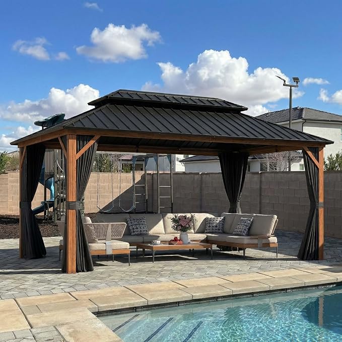 PURPLE LEAF 10' X 16' Hardtop Gazebo Outdoor Wood Grain Aluminum Frame Heavy by PURPLELEAF