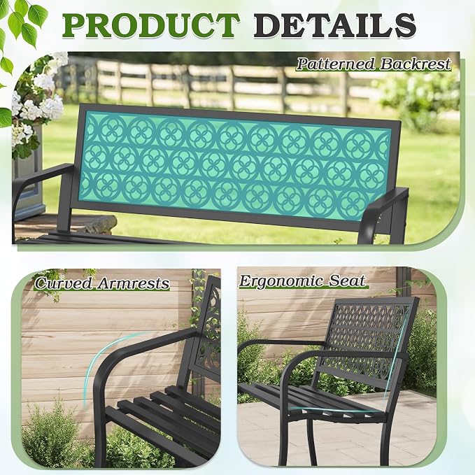 44" Outdoor Garden Bench, Iron Metal Frame Patio Bench - Image 5