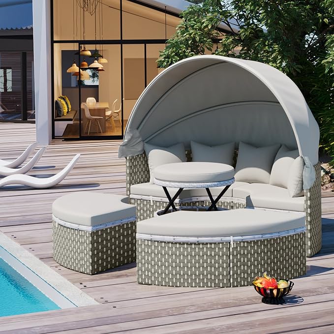 Merax Patio Furniture Round Outdoor Sectional Sofa Set, Rattan Daybed Two-Tone - Image 7