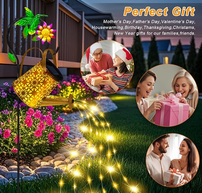 Solar Metal Watering Can with Hummingbird Shepherd Hook and Cascading Lights - Image 6