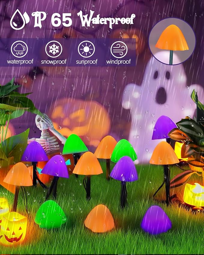 OZS 2PK 55FT 32LED Halloween Orange Purple and Green Solar Mushroom Lights - Image 2