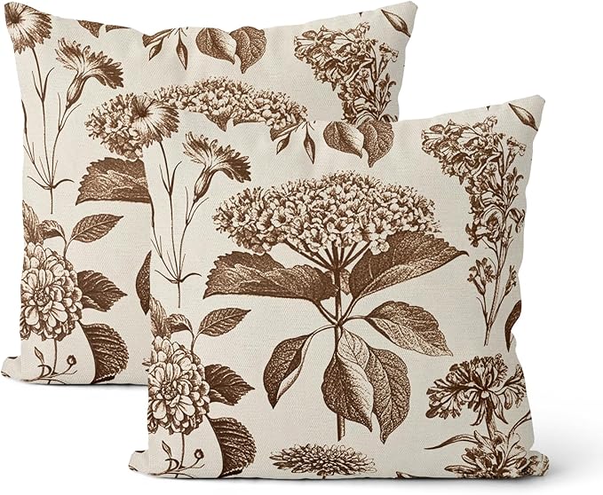 Brown Pillow Covers 18x18 Inch 2 Pcs Boho Vintage Floral Decor Throw Pillows by DAFENA