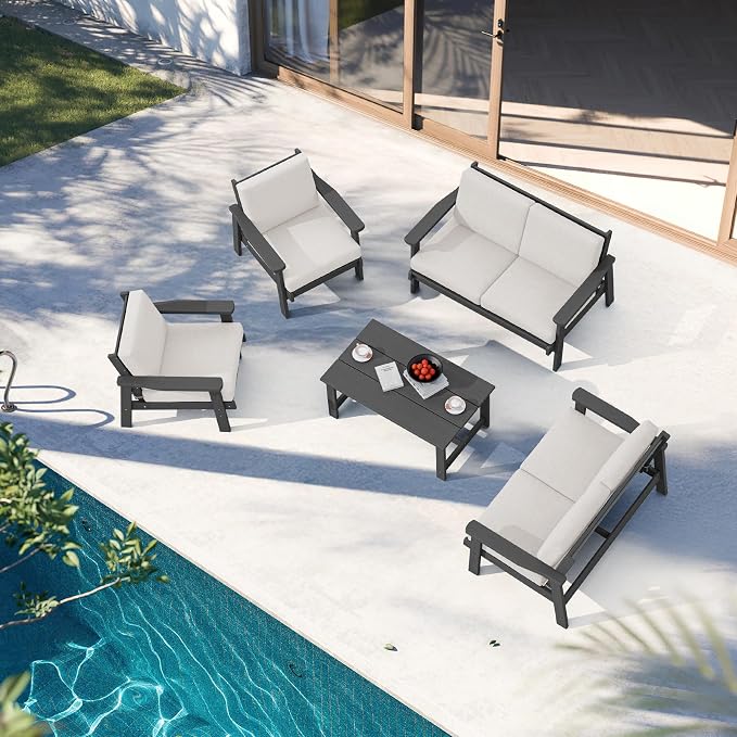 SERWALL HDPE Patio Furniture Set, 5 Piece All Weather Wood-Like Sectional - Image 9