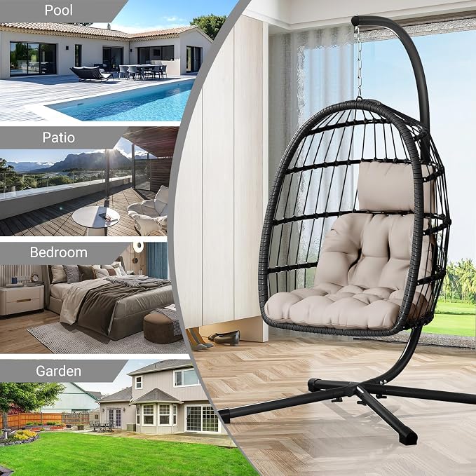CHABATREE Egg Chair with Stand, Patio Rattan Wicker Hanging Swing Egg Chair - Image 6