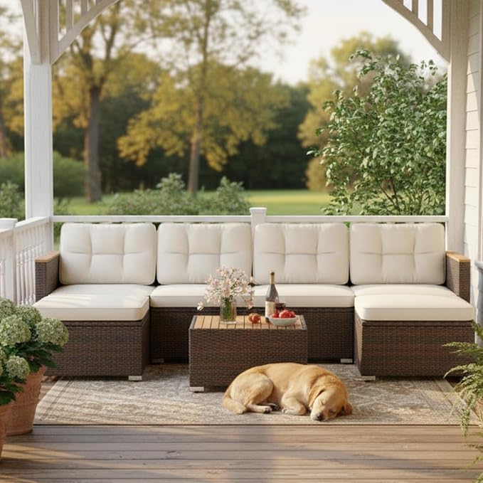 Tangkula 7 Pieces U Shape Outdoor Furniture Set, Patio Rattan Cushioned Chairs - Image 4