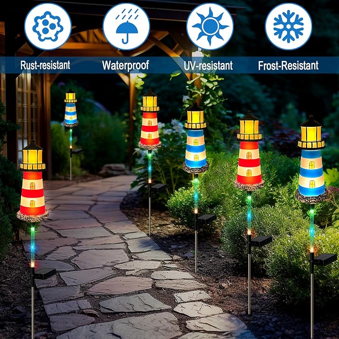 4 Pack Lighthouse Solar Lights, 7 Light Color Changes, IP65 Waterproof Solar - Image 2