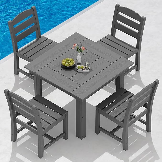 SERWALL Outdoor Dining Set for 4, HDPE Square Table and Chairs Set All Weather by SERWALL