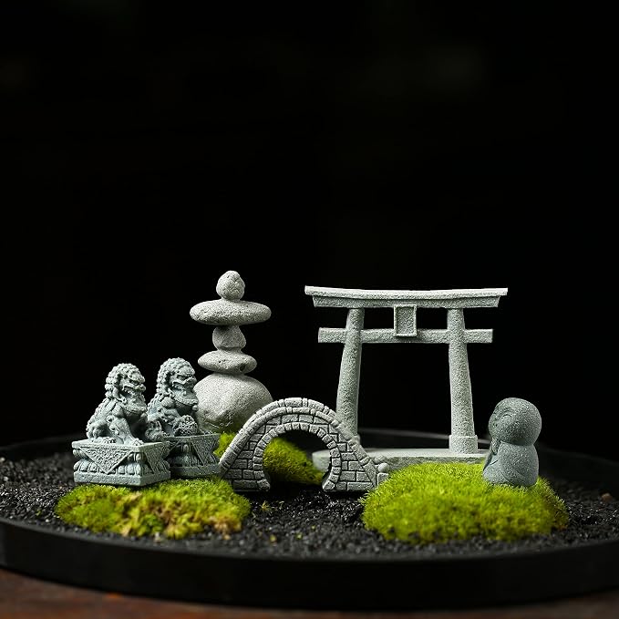 6 PCS Mini Zen Garden Accessories, Miniature Garden Bridge Foo Dogs Torii Gate - Image 4