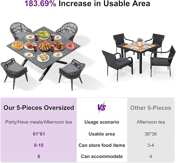 PURPLE LEAF 5 Pieces Oversized Square Patio Dining Set - Image 4