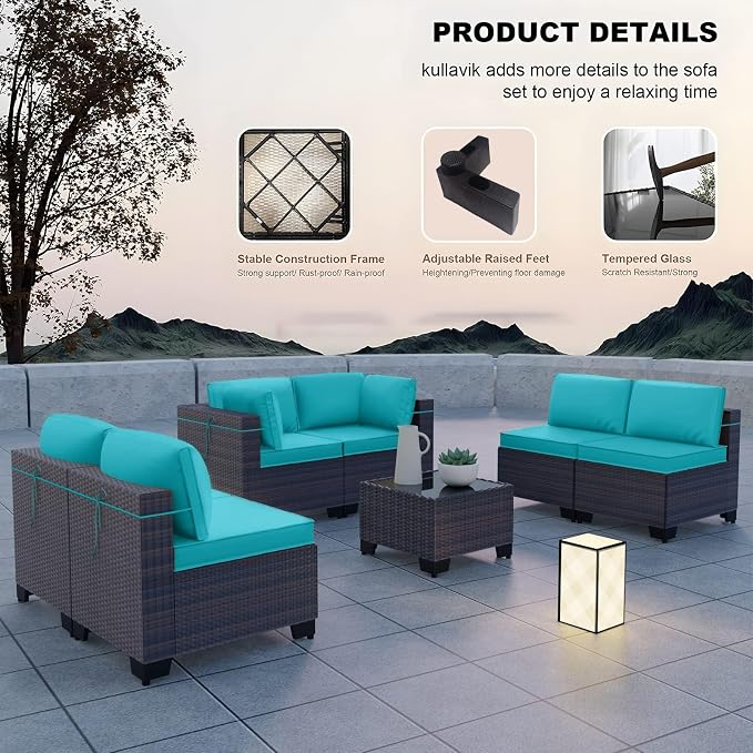 Kullavik 7 Pieces Outdoor Patio Furniture Set, Sectional Rattan Sofa Set Brown - Image 3