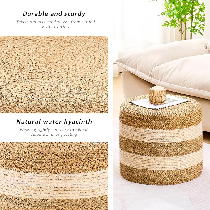 Handwoven Ottoman Pouf, Natural Seagrass Footstool, Round Braided Outdoor Seat - Image 5