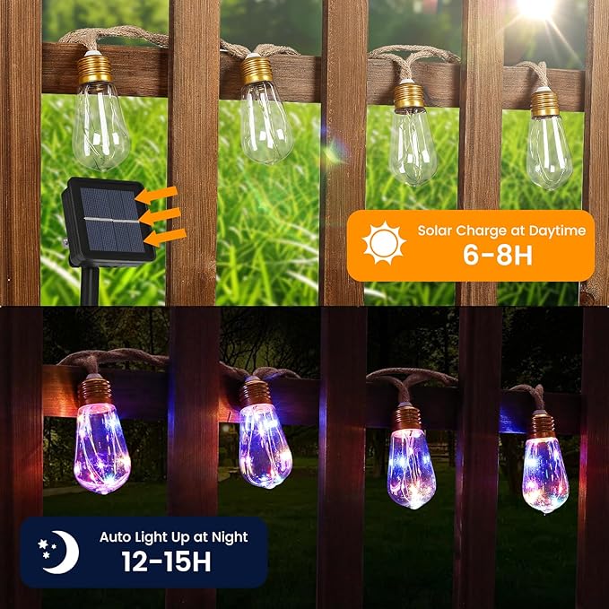 Solar String Lights Outdoor, 24FT Vintage Rope Hemp Solar String Lights - Image 2