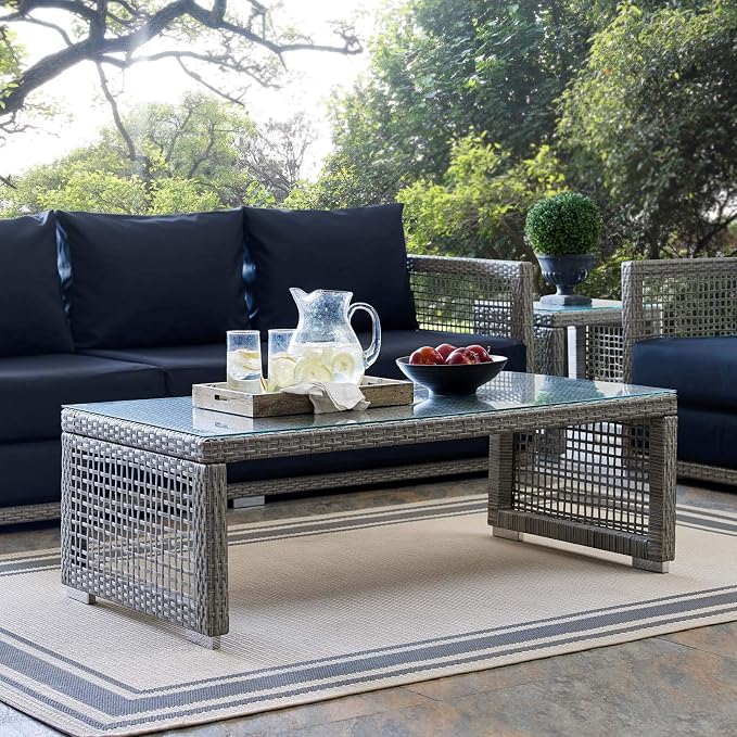 Modway Aura Wicker Rattan Outdoor Patio Tempered Glass Coffee Table in Gray - Image 2
