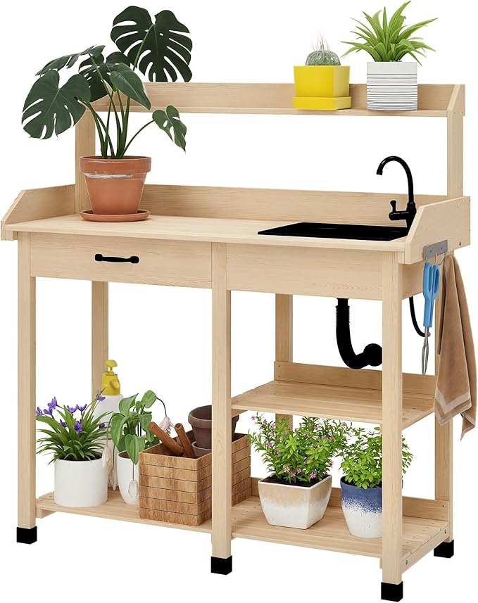 Outsunny Potting Bench Table, Outdoor Garden Table Wooden Work Station by Outsunny