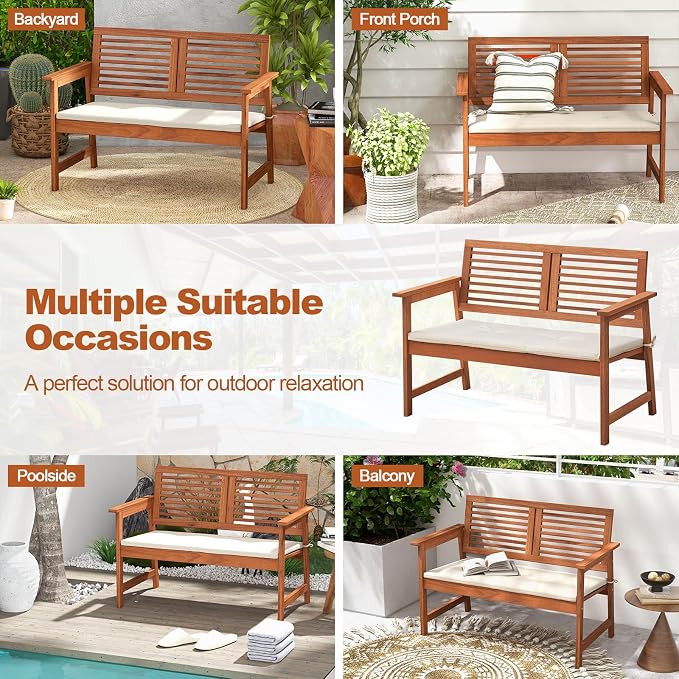 HAPPYGRILL Outdoor Wood Bench Patio Solid Wood Loveseat - Image 7