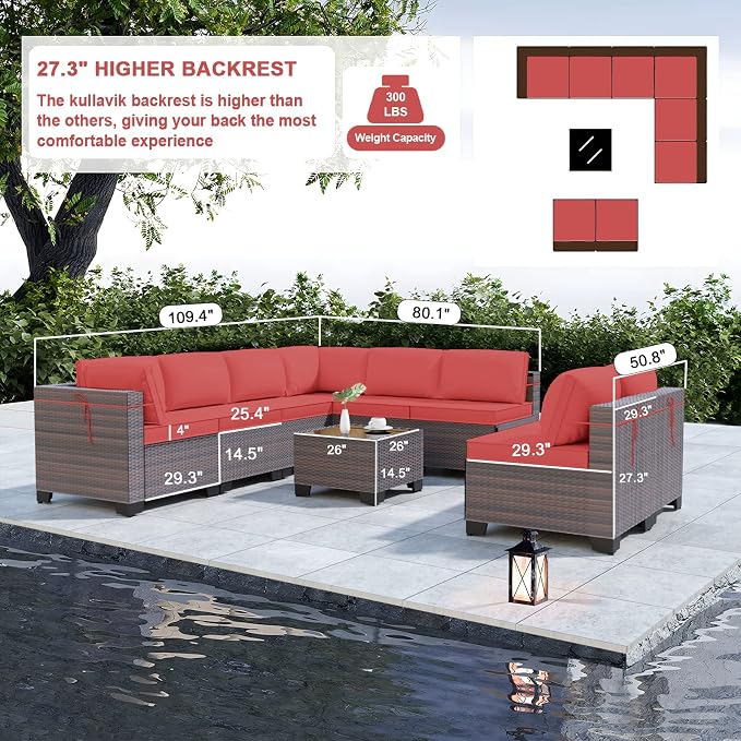 Kullavik 9 Pieces Outdoor Patio Furniture Set, Outdoor Sectional Rattan Sofa - Image 2