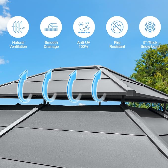 MELLCOM 12 x 14 FT Iron Hardtop Gazebo, Double Roof Design - Image 3