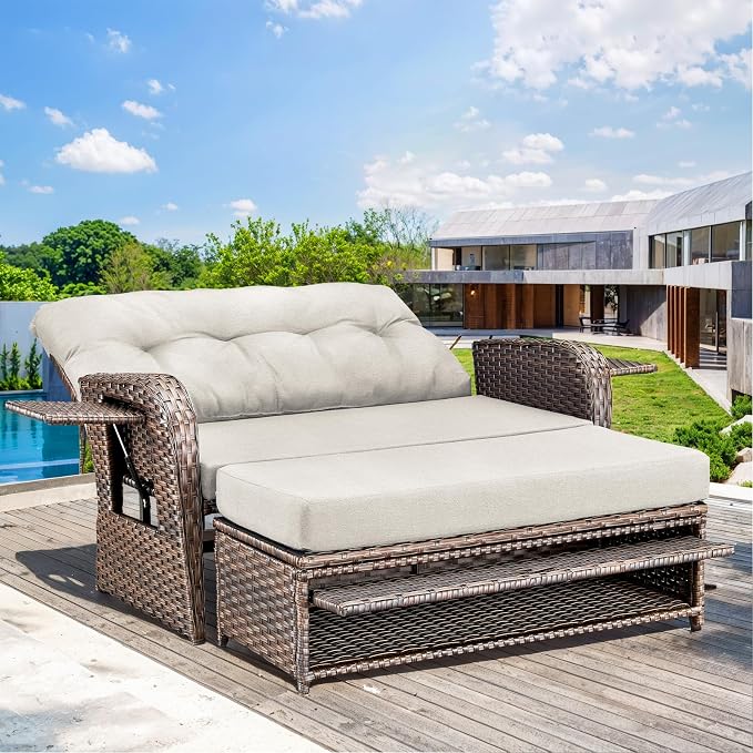 Patio Rattan Daybed, Wicker Recliner Loveseat by Bellefurn
