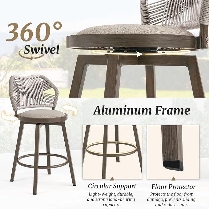 360° Swivel Outdoor Bar Stools Set of 4, Modern Aluminum Wicker Bar Stool - Image 6