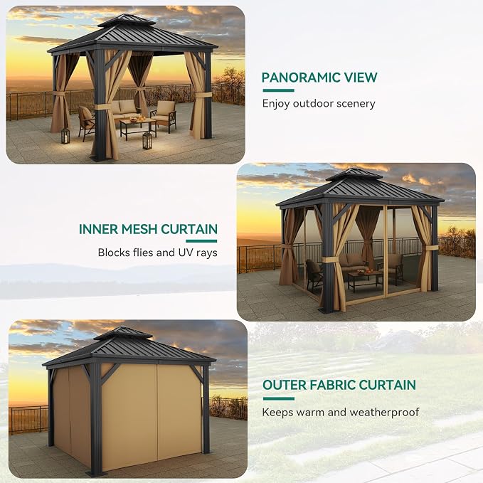 YITAHOME 10x10ft Gazebo Hardtop Double Roof Canopy w/Netting and Curtains - Image 5