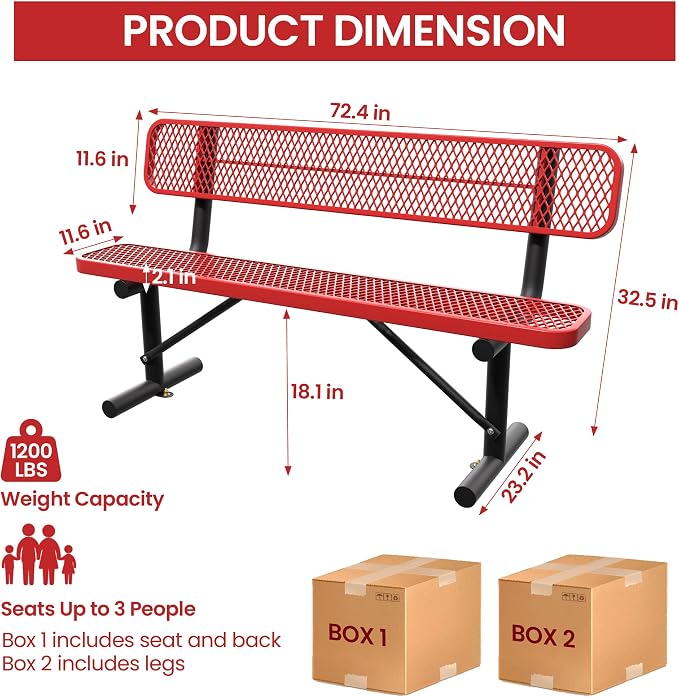 6 Feet Steel Park Bench for Outside, Outdoor Bench - Image 2