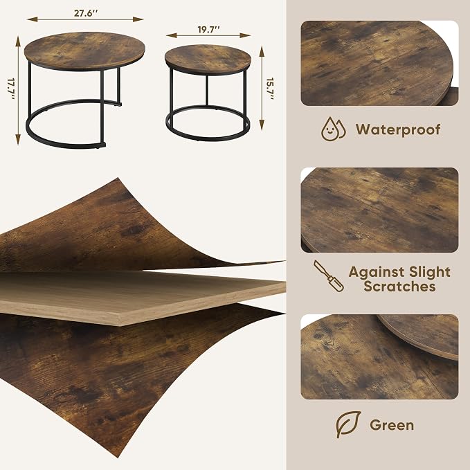 Smuxee Rustic Nesting Coffee Table Set of 2, 27.6" Round Coffee Table Wooden - Image 2