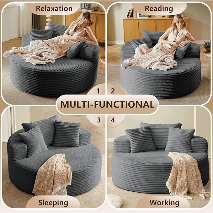 Oversized Round Chair Lounge Chaise Indoor, Upholstered Corduroy Deep Seat - Image 3