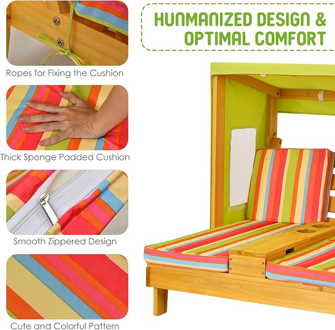 Costzon Kids Lounge Chair Outdoor, Wood Double Seat Chaise Lounge - Image 4