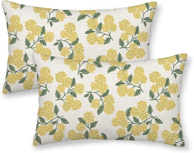 Mustard Yellow Outdoor Pillow Covers 12x20 Inch 2 Pcs Green Hydrangea Flower by DAFENA