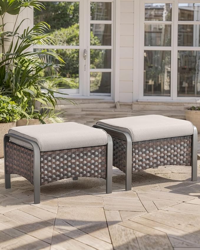 HUMMUH 2 Pieces Outdoor Wicker Ottomans-Outdoor Patio Ottoman - Image 4