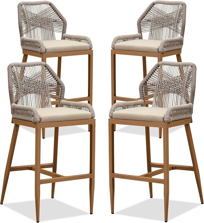 PURPLE LEAF Patio Bar Stools 28" H Set of 4 Handwoven Wicker Bar Height Stool by PURPLELEAF