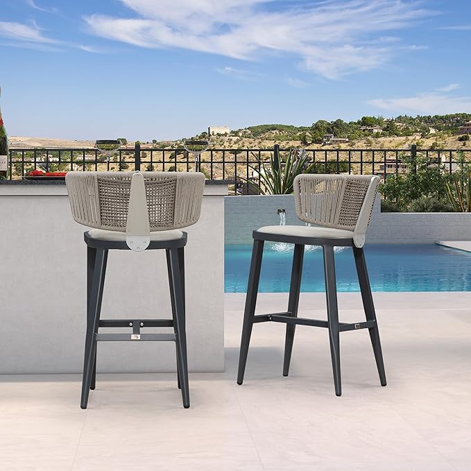 PURPLE LEAF Outdoor Bar Height Stool Set of 2 Modern Rattan Bar Chairs - Image 3