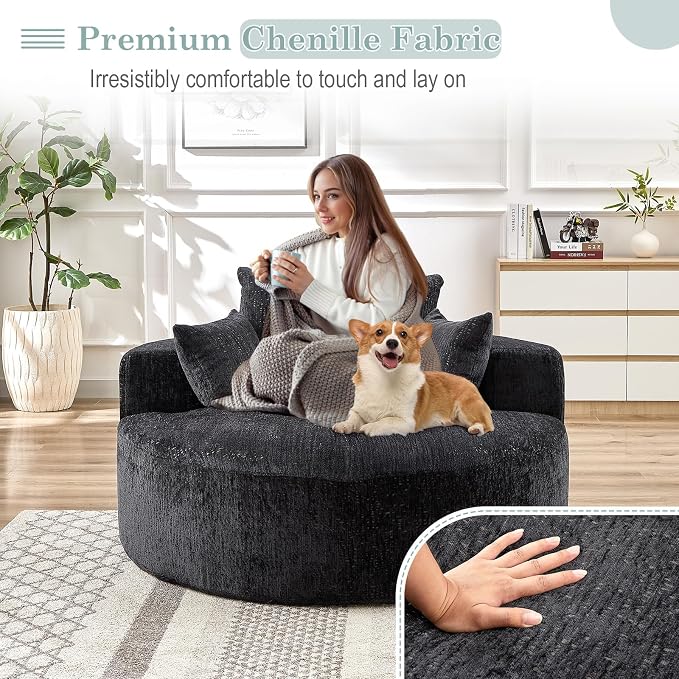 Oversized Round Chaise Longue Chair Indoor, Modern 55-inch Upholstered Chenille - Image 6