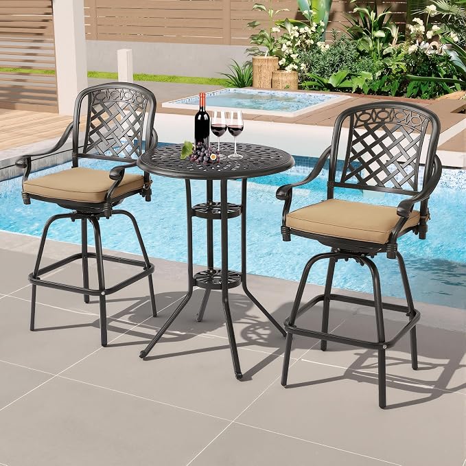 3-Piece Cast Aluminum Patio Bar Set, Outdoor Round High Top Table & 2 Swivel - Image 2