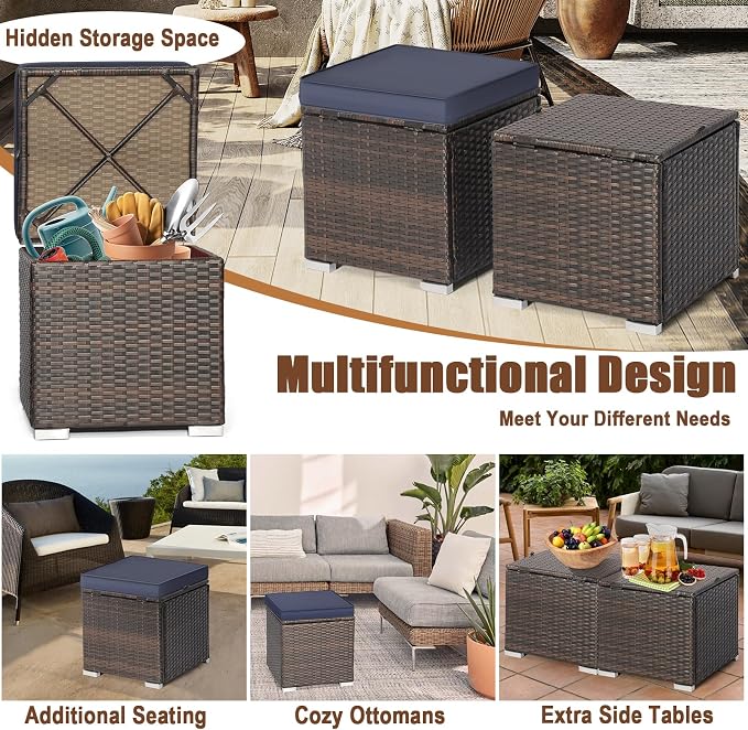 RELAX4LIFE Wicker Outdoor Storage Ottoman, 2-Piece Rattan Footstool w/Removable - Image 7