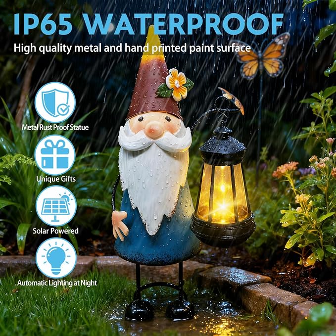 Solar Garden Gnome Statue with Lights, 14.56in Tall Solar Gnome Garden - Image 7