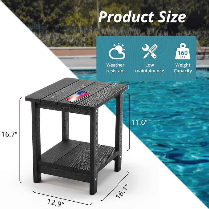 LUE BONA Adirondack Outdoor Side Table, 2-Tier Black HDPS Patio End Table - Image 3