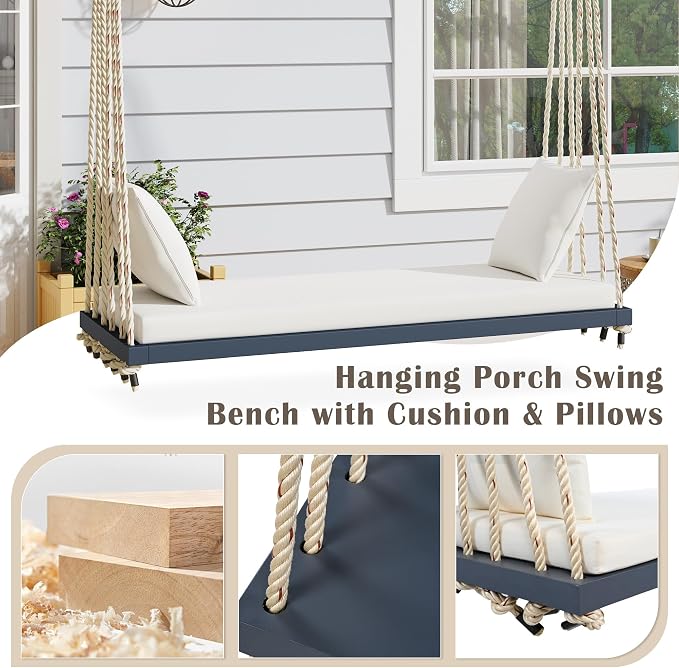 Merax Outdoor Patio Wooden Swing Chair, 2-Seat Hanging Porch Hammock Bench - Image 3