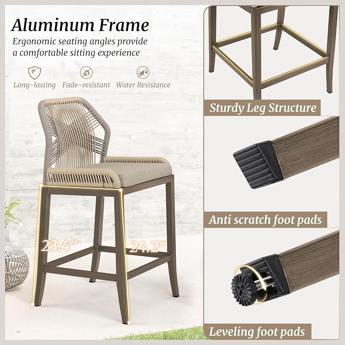 Outdoor Bar Stools, Rattan Outdoor Counter Height Bar Stools Set of 4, 26.5" H - Image 6