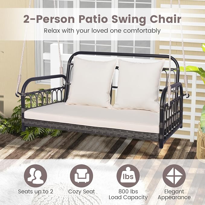 Tangkula Outdoor Wicker Porch Swing, 2-Person Hanging Seat - Image 9