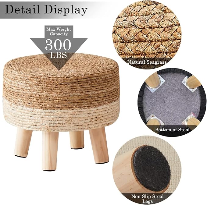 Wimarsbon Round Foot Stool Natural Seagrass Poufs Ottoman Hand Weave Footrest - Image 5