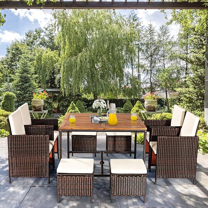 Tangkula 9 Pieces Acacia Wood Patio Dining Set, Space Saving Wicker Chairs and - Image 5