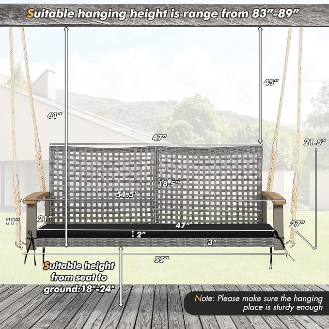 Happygrill 2-Person Patio Porch Swing Chair, Outdoor Rattan Swing Bench - Image 8