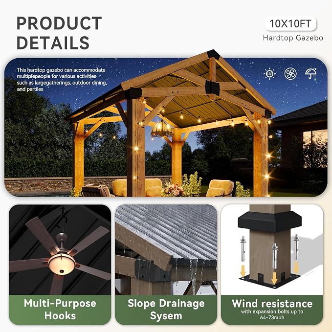 Aoxun 10' x 10' Outdoor Wood Gazebo, Hardtop Gazebo Permanent Wooden Pavilion - Image 5
