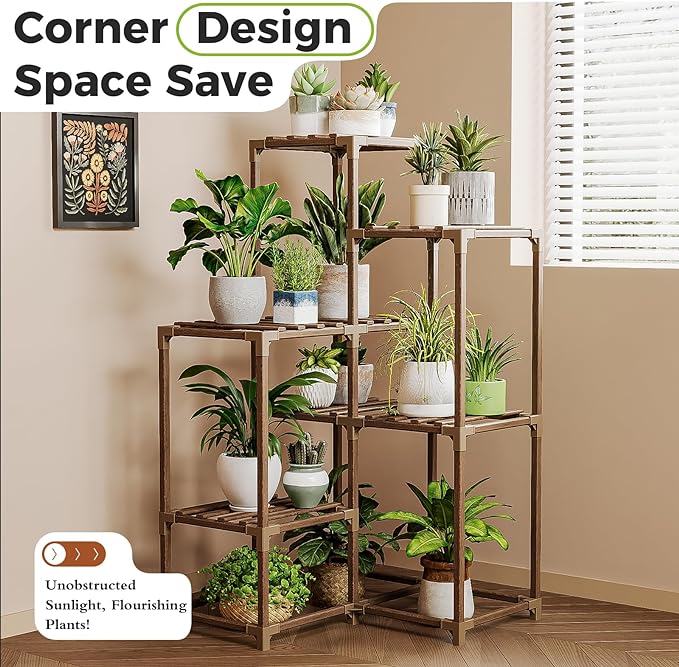 Bamworld Plant Stand Indoor Plant Shelf Outdoor Corner Wood Plant Table 7 Pots - Image 2